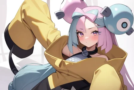 masterpiece,best quality,very aesthetic,absurdres,<lora:iono_(pokemon):1>,sleeves_past_fingers, iono_\(pokemon\), looking_at_viewer, 1girl, solo, yellow_jacket, oversized_clothes, highres
