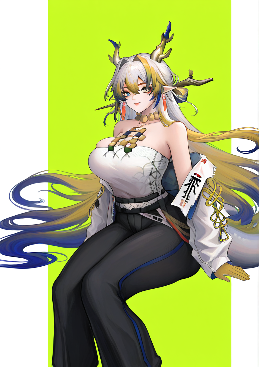 <lora:ç»zçhuizjie:1>,1girl, shu (arknights), huge breasts, wide hips, bare shoulders, black pants, blue eyes, blue hair, closed mouth, colored skin, dragon girl, dragon horns, dragon tail, floating hair, from side, green background, green hair, grey hair, hair between eyes, hair intakes, hair spread out, horns, invisible chair, jacket, long hair, long sleeves, looking at viewer, multicolored hair, off shoulder, open clothes, open jacket, pants, pointy ears, shirt, sidelocks, sitting, smile, solo, strapless, strapless shirt, streaked hair, tail, two-tone background, very long hair, white jacket, white shirt, 
masterpiece, best quality, highres, absurdes,amazing quality