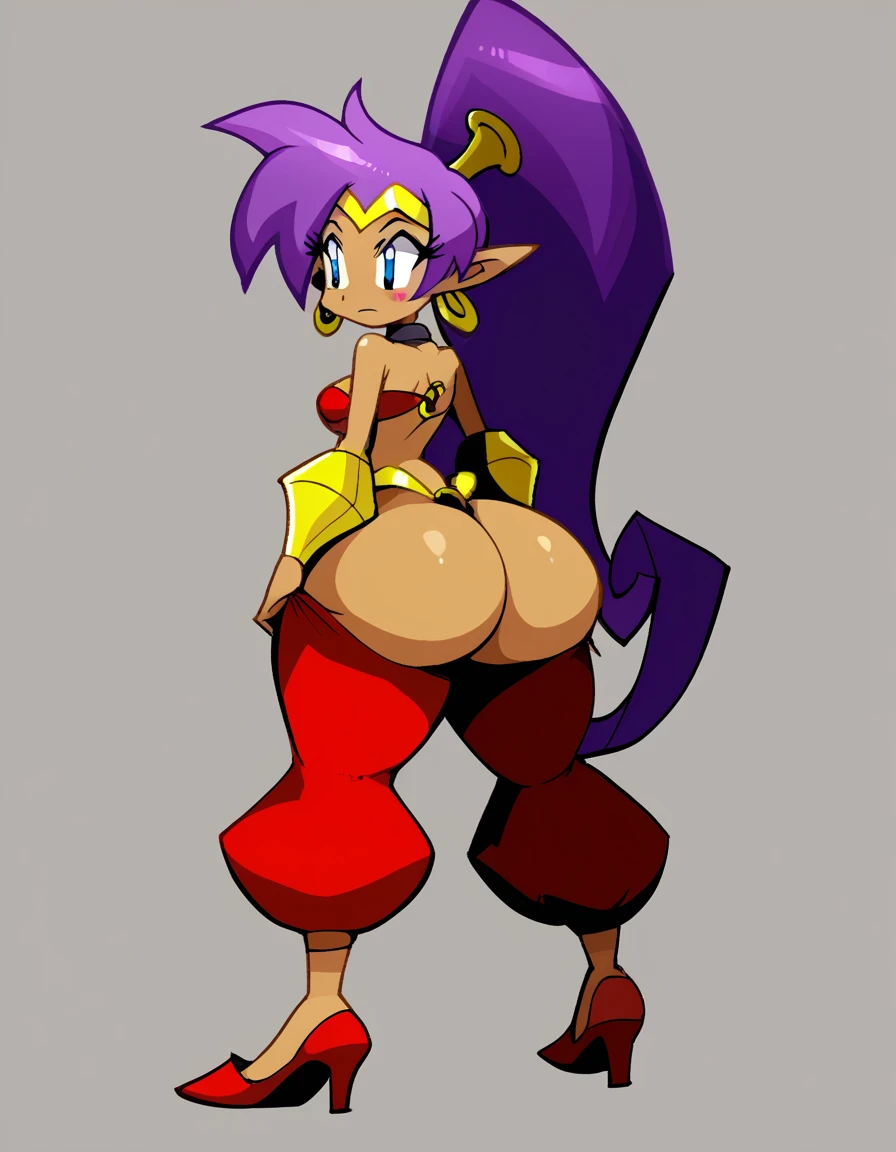 BoyFetish_Style, score_9, score_8_up, shantae, 1girl, solo, purple hair, dark skin, pointy ears, blue eyes, ponytail, o-ring top, harem pants, bracer, choker, tiara,shoes, ass, big ass, bubble butt, thicc thighs, ass focus, blush