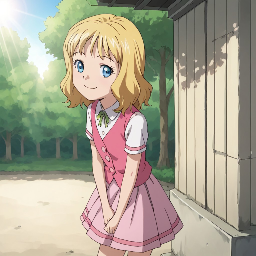 score_9, score_8_up, score_7_up, BREAK, solo, cute, helen, blonde hair, blue eyes, skirt, flat chest, outdoors, shadows, sunlight, natural lighting, smile,