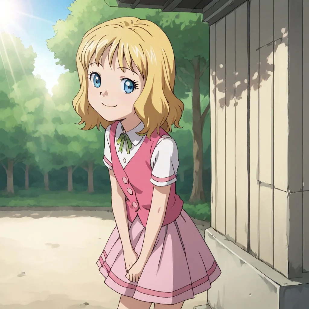 score_9, score_8_up, score_7_up, BREAK, solo, cute, helen, blonde hair, blue eyes, skirt, flat chest, outdoors, shadows, sunlight, natural lighting, smile,