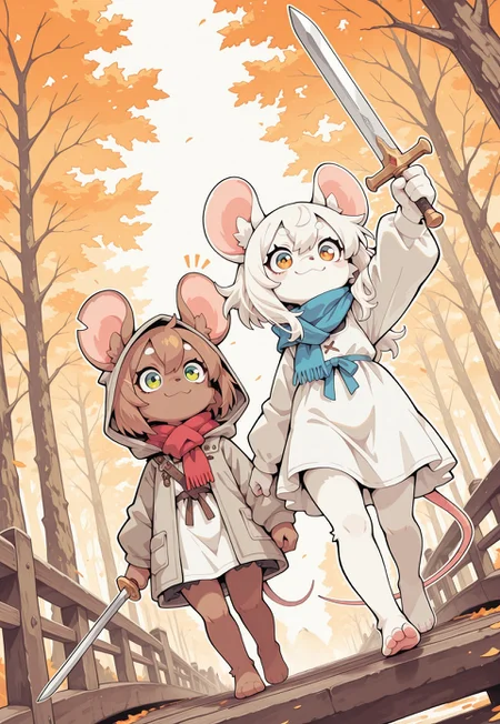perfect eyes, S4bit4mago_illu, anime style, s0wasow4rt_illu, <lora:sowasowart_style-000016:1>,s0wasow4rt_illu, thin white outline, duo, 2 girls, mouse girl, anthro mouse girl, cute, orange eyes, hooded, blue scarf, day, forest, standing, mountain top, edge of cliff , day, scarf flowing in wind, holding sword handle, (short hair), coat, tunic, , (white fur, scar on eye), (furry), bottomless, town in the distance, rushing river below, holding sword close, white dress, barefoot, bottomless, focused, amazing quality, intricate details ,at an angle, dynamic angle, thinking, flowing hair, thin black outline thin, white outline, abstract masterpiece, sharp detail, intricate detail, flowing hair, thin white outline, thin black outline, BREAK, duo, anthro mouse girl, walking, together, mouse tail, cute, (green eyes), hooded, red scarf, white dress, brown fur, bottomless, surprised, raised arm, smile, talking, pointing excitedly,