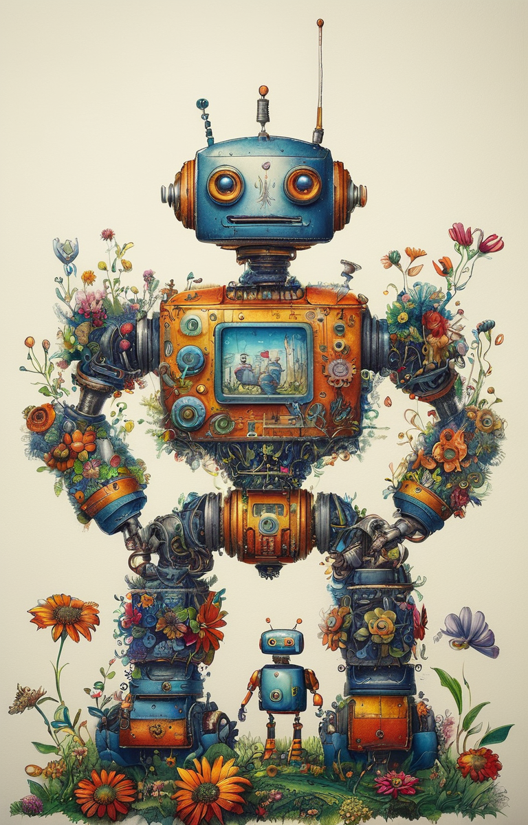masterpiece,best quality,<lora:tbh237-sdxl:0.8>,illustration,style of  Johanna Basford portrait of Housework robots
