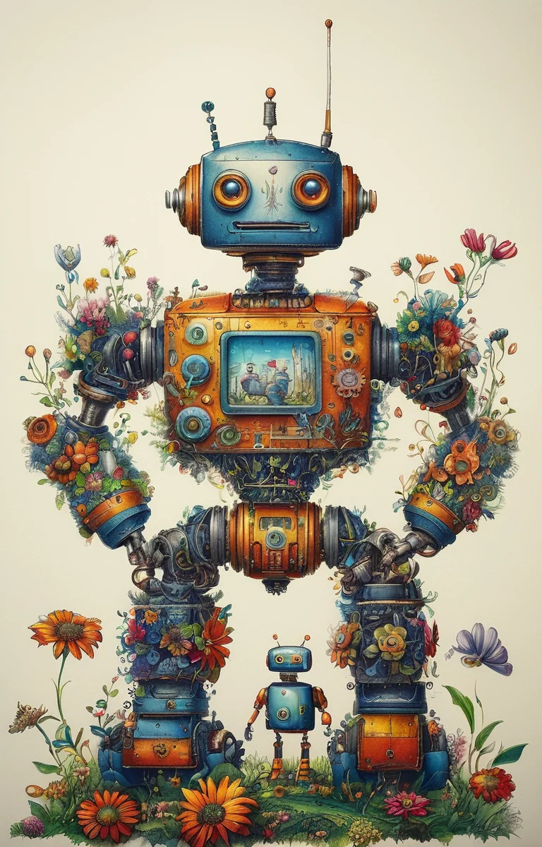 masterpiece,best quality,<lora:tbh237-sdxl:0.8>,illustration,style of Johanna Basford portrait of Housework robots