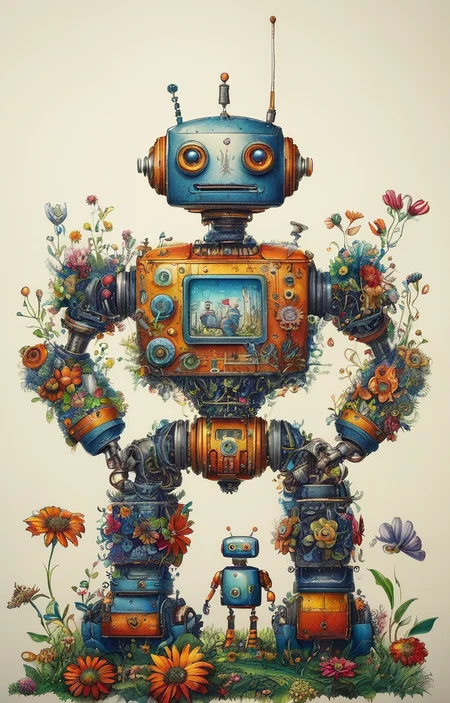 masterpiece,best quality,<lora:tbh237-sdxl:0.8>,illustration,style of  Johanna Basford portrait of Housework robots