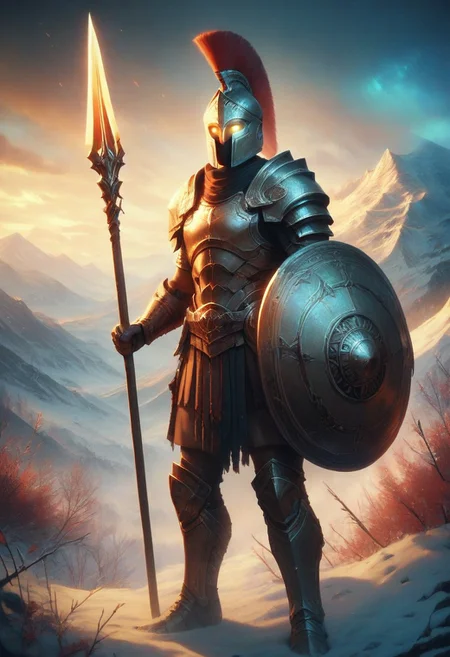 score_9, score_8_up, score_7_up, Spear Warrior, holding spear, Spartan with helmet and armor. Glowing eyes, mountains, snowy
