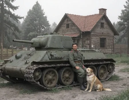 <lora:Ink_and_Watercolor_Hybrid_Style_from_Legacy_Doubao_v3.0:0.8> An image in style of iwhyb <lora:t341942:0.8>t341942
A scene from a battlefield in Eastern Europe in 1945. A Soviet tank crew member plays with a dog in front of his parked tank. The edge of the forest, a ruined house, a fence, <lora:soviet-tank-crew:0.8> soviet-tank-crew