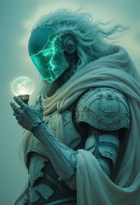 Old photo of an armored elysium war Drone bot, Closeup, bleaked turquoise white ethereal, high contrast, Action Scene, Holding an luminous orb staff,