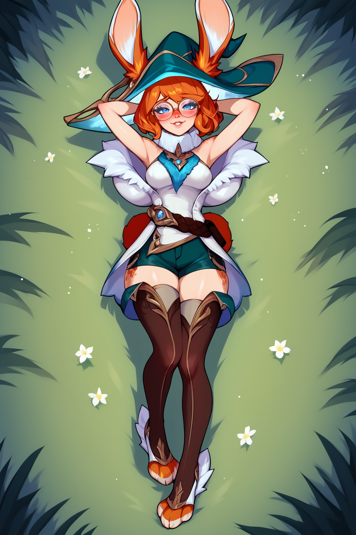 score_9, score_8_up, score_7_up, score_6_up, BREAK, AuroraLoLPXL, glasses, blue eyes, orange hair, short hair, rabbit ears, animal ears, ears through headwear, witch hat, rabbit tail, medium breasts, off shoulders, white jacket, white dress, green shorts, short shorts, brown thighhighs, rabbit feet, solo, full body, (lying on grass), on back, arms behind head, seductive smile, looking at viewer, naughty face, nose blush, forest, tree <lora:AuroraLoLPXL:1>