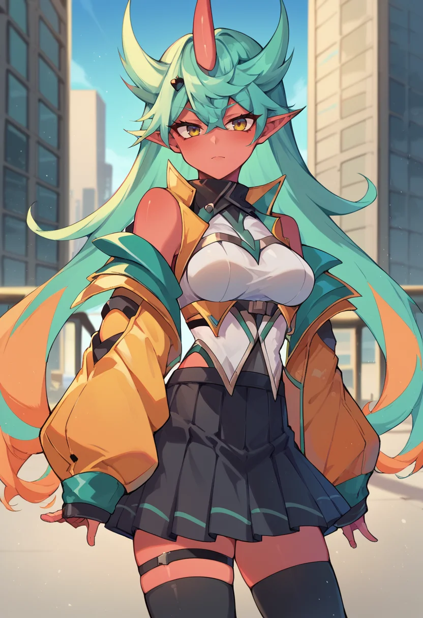 <lora:vyce-05:1> vyce, long hair, single horn, blue hair, red skin, hair between eyes, pointy ears, medium breasts, green hair, multicolored hair, orange hair, black thighhighs, jacket, skirt, skirt cutout, city,, score_9, score_8_up, score_7_up, source_anime,