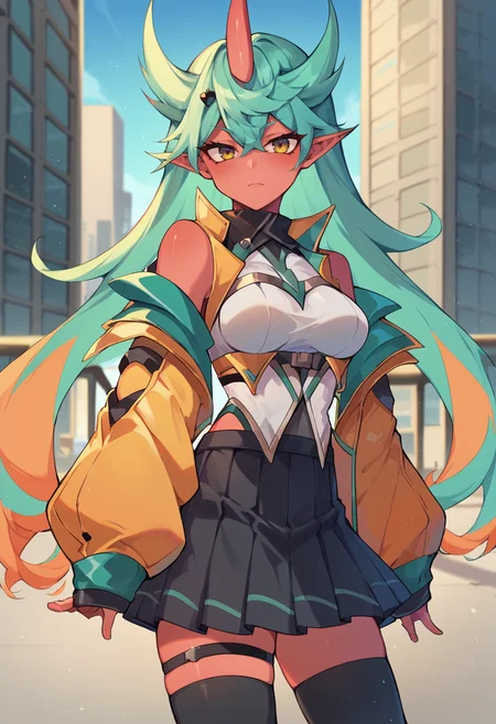 <lora:vyce-05:1> vyce, long hair, single horn, blue hair, red skin, hair between eyes, pointy ears, medium breasts, green hair, multicolored hair, orange hair, black thighhighs, jacket, skirt, skirt cutout, city,, score_9, score_8_up, score_7_up, source_anime,