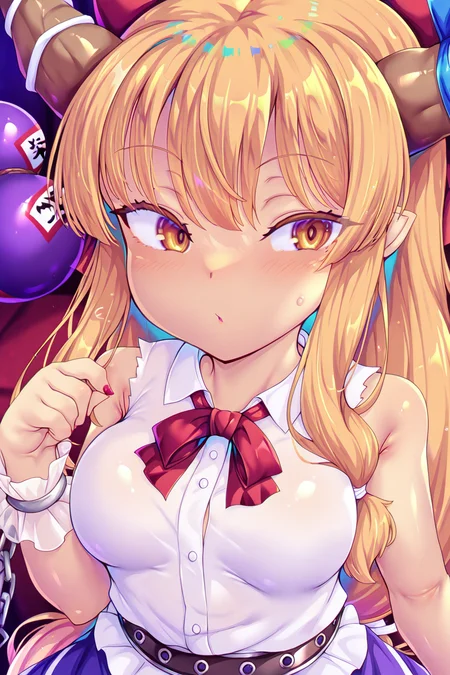 shiny skin, posing,
<lora:toraishi.il:1>,
toraishi,
clothed girl,
safe, general,
ibuki suika,
large breast,
dress, shirt,