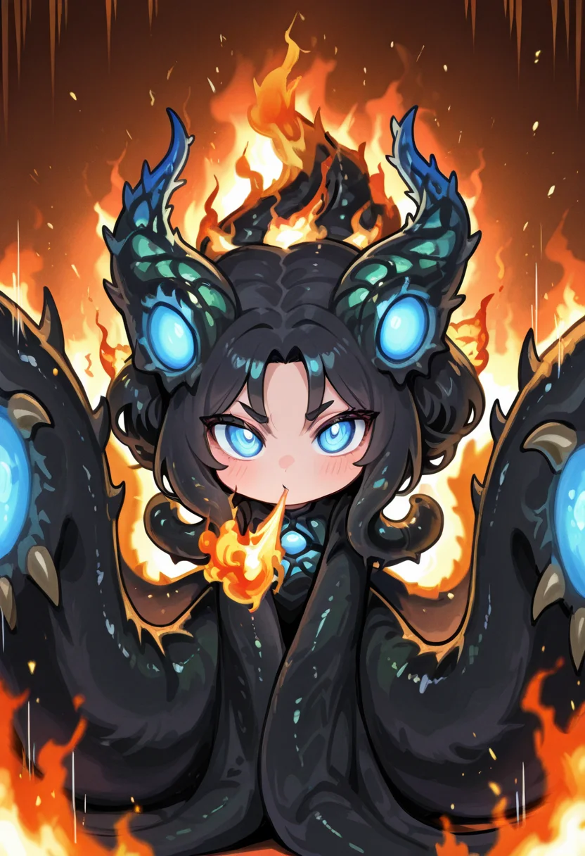 <lora:MHMG-Nu_Udra-IL_v1:0.8> Nu Udra, personification, monster girl, cute, chibi, large head, breathing fire, on fire, solo, 1girl, looking at viewer, action shot, dynamic pose, motion lines,
masterpiece, best quality, year 2024, newest, absurdres, highres,