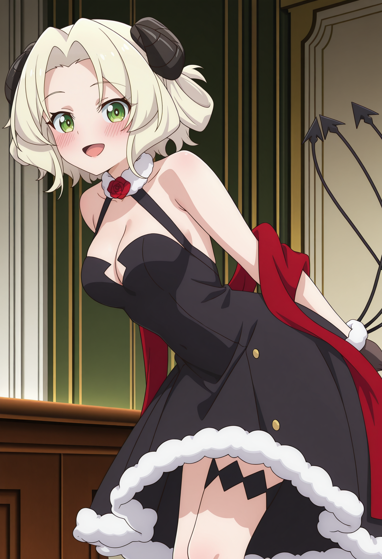 highres, best quality, masterpiece, indoors,
1girl, solo, sl300pec, short hair, blonde hair, horns, green eyes, multiple tails, demon tail,
black dress, fur trim, halterneck, rose, bare shoulders, cleavage, sleeveless, gloves, red shawl, thigh strap,
anime screencap,
looking at viewer, blush, smile, open mouth,
standing, arms behind back, leaning forward, from side,
<lora:_pecora_slime300-elesico-ilxl-000014:1>