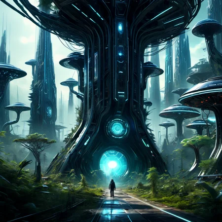 ((best quality)), ((masterpiece)), ((realistic,digital art)), (hyper detailed),forest, scifi, tech, futurism, futuristic,8K, HDR <lora:DonMM4ch1n3W0rldXL:0.85>