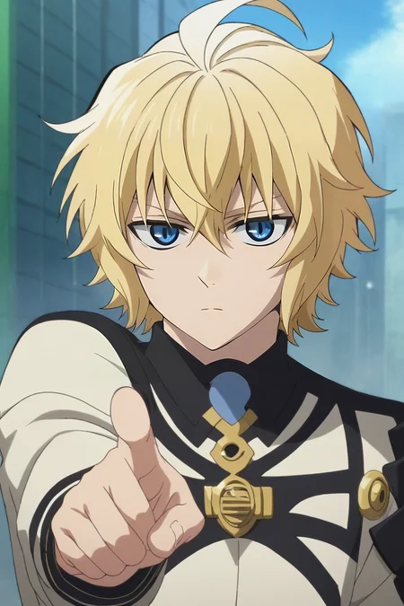 score_9, score_8_up, score_7_up, source_anime, intricate details, anime screencap, , official style, looking at viewer, , , 1boy, solo, male focus, <lora:mikaela_hyakuya_pony:0.9>, mikaela_hyakuya, blonde hair, blue eyes, short hair, hair between eyes, bangs, ahoge, , flat cap, aztec, One hand pointing, signaling direction, <lora:sdxl_lightning_8step_lora:1>