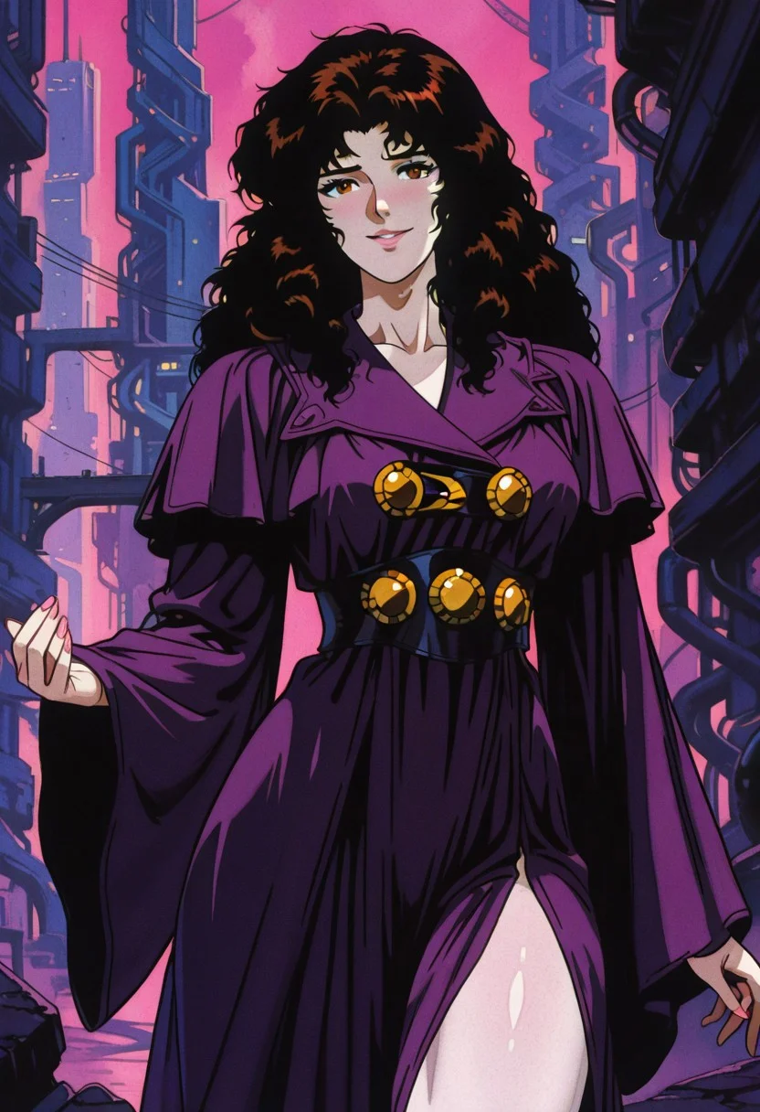 RemiMasudaCCO808, 1girl, solo, vampire, dark brown hair, curly hair, thick hair, long hair, brown eyes, nose, pink lips, eyelashes, collarbone, large breast, dark purple cloak, long wide sleeves, white dress under cloak, large golden buttons, collar,
,seductive pose, sexy pose, tease,
masterpiece, best quality, ultra-detailed, very aesthetic, detailed background, very aesthetic, newest, scenery, highres, 4k, absurdres, 8k, colorful,vibrant, glowing, perfect face, 2d, perfect eyes, detailed eyes,
masterpiece, best quality, ultra-detailed, very aesthetic, newest, scenery, absurdres, perfect anatomy, , perfect face, perfect eyes, mature body, clear eyes, beautiful eyes, athletic, curvy body, athletic girl, perky tits, perfect tits, round breasts, pinup pose, teasing, lustful expression,
muscular female, dutch angle,
naughty smile,
,detailed lips,Smooth Negative, highres, absurdres, uncensored,, dark fantasy, retro_artstyle, retro, cyberpunk