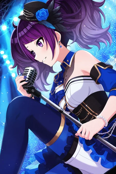 <lora:TanakaMamimi:0.8>, Tanaka Mamimi, twintails, 1girl, solo, corset, hair ornament, flower, jewelry, hat, light particles, underbust, breasts, microphone stand, holding, skirt, frills, hair flower, microphone, smile, blue flower, asymmetrical sleeves, idol, pearl bracelet, blue rose, chain, earrings, parted lips, rose, thigh boots, detached sleeves, profile, shorts, dutch angle, knee up, sitting, shirt, boots, blue jacket, holding microphone, frilled skirt, jacket, pantyhose, bracelet, thighhighs, layered skirt, stage, mini hat, holding microphone stand, from side, black corset, asymmetrical clothes, feathers, white shorts, feather hair ornament, belt, nail polish, bare shoulders, blue pantyhose, long sleeves