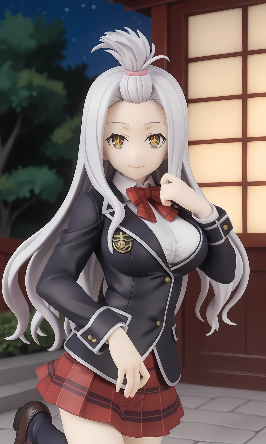 score_9, score_8_up, score_7_up, source_anime, highly detailed figure,looking at viewer, shiny skin, upper body, light smile, petite,ohwx, long_hair, grey_hair, yellow_eyes, white_hair, brown_eyes, bangs_pinned_back, topknot, breasts, very_long_hair, large_breasts, symbol-shaped_pupils,school_uniform, bow, jacket, blazer, bowtie, shirt, plaid, skirt, socks, red_bow, bangs_pinned_back, topknot, plaid_skirt, long_sleeves, red_skirt, red_bowtie, black_socks, pleated_skirt, kneehighs, black_jacket, collared_shirt, shoes, loafers, official_style, white_shirt, plaid_bow, ribbon, miniskirt, Japanese rock garden at night, moonlight illuminating stones, tranquil and mystical atmosphere,<lora:yui_kurata_pony_sobsynapse-000001:1>