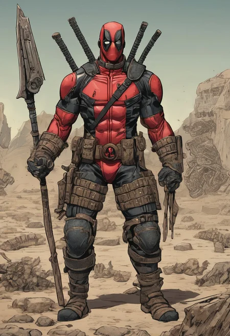 Deadpool \(Marvel Comics\) reimagined by (William Stout:1.2) features a distinct paleontological twist. His suit, traditionally red and black, now has a (textured, fossil-like appearance:1.3), mimicking ancient bones embedded within the fabric. (Armored scales:1.2) replace smooth areas, suggesting a prehistoric armor. Deadpool's (tactical belt:1.1) is adorned with (ornate, fossilized artifacts:1.2), and his weapons resemble (stone and bone tools:1.2). He stands in a (deserted landscape:1.2) scattered with (dinosaur skeletons and arid flora:1.3), blending action and ancient history in Stout's detailed, illustrative style.