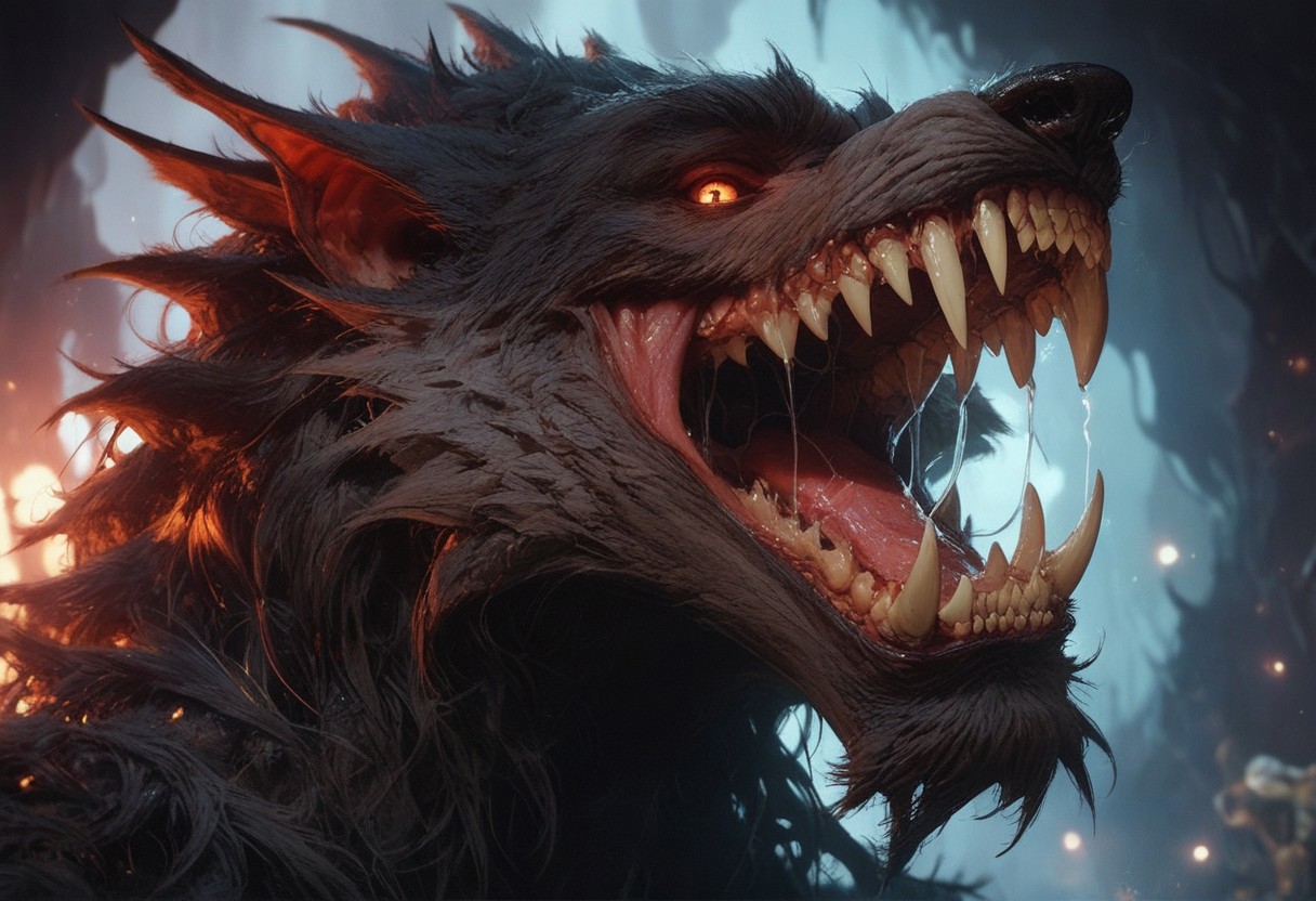 score_9, score_8_up, score_7_up, score_6_up, ,  , volumetric lighting,  ,, gothic  , gorgeous view, , , , , looking at viewer, located in a cave, dark cavern,  werewolf, teeth, saliva,  upper body,  hairy