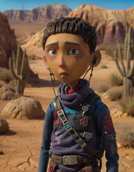 stopmotion, a Caymanian kid cyberpunk, Daydreaming in Semi-Arid Desert <lora:STOPMO_2.0_RC:1.0>