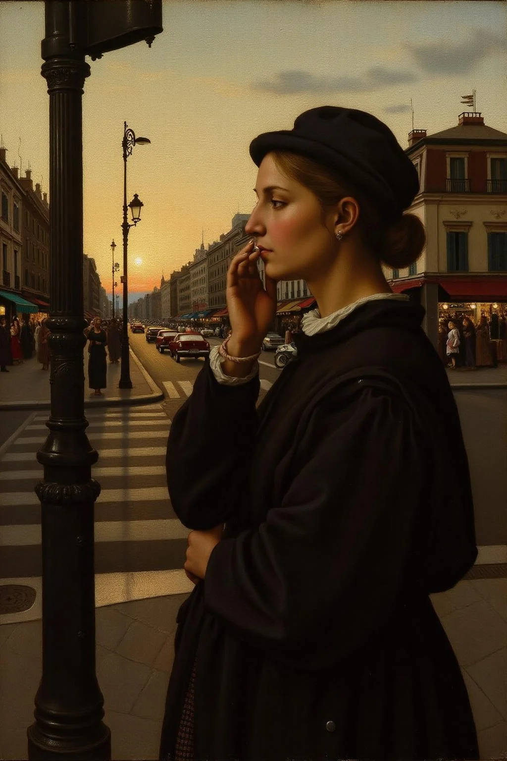 raphael1 painting.
A woman smoking at a busy street corner at sunset.
   <lora:raphael1_cap_d6a3:1.0><lora:843645041663660621:0>