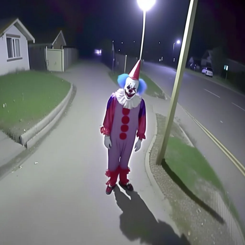 A crazy clown CCTV Style <lora:SDXL-CCTV-Style-Lora:0.7>