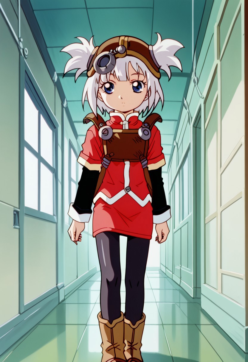 score_8, score_8_up, score_7_up, AWGXS, anime screenshot, retro artstyle,1990s (style), cel animation BREAK 1girl, female focus, solo, pratty_scs, white hair, helmet, hair through headwear, two side up, bangs, sidelocks, short hair, blue eyes, Mandarin collar, red jacket, chest guard, red skirt, layered sleeves, short over long sleeves, sleeve cuffs, sheath, pantyhose, black pantyhose, sheath, ankle boots, brown footwear, standing, indoors, spacecraft interior, freeden interior, hallway, child