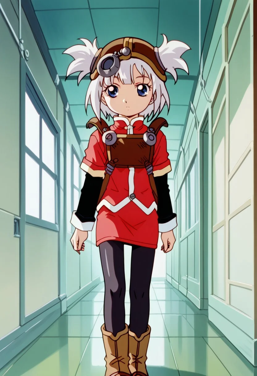 score_8, score_8_up, score_7_up, AWGXS, anime screenshot, retro artstyle,1990s (style), cel animation BREAK 1girl, female focus, solo, pratty_scs, white hair, helmet, hair through headwear, two side up, bangs, sidelocks, short hair, blue eyes, Mandarin collar, red jacket, chest guard, red skirt, layered sleeves, short over long sleeves, sleeve cuffs, sheath, pantyhose, black pantyhose, sheath, ankle boots, brown footwear, standing, indoors, spacecraft interior, freeden interior, hallway, child