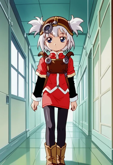 score_8, score_8_up, score_7_up, AWGXS, anime screenshot, retro artstyle,1990s (style), cel animation BREAK 1girl, female focus, solo, pratty_scs, white hair, helmet, hair through headwear, two side up, bangs, sidelocks, short hair, blue eyes, Mandarin collar, red jacket, chest guard, red skirt, layered sleeves, short over long sleeves, sleeve cuffs, sheath, pantyhose, black pantyhose, sheath, ankle boots, brown footwear, standing, indoors, spacecraft interior, freeden interior, hallway, child