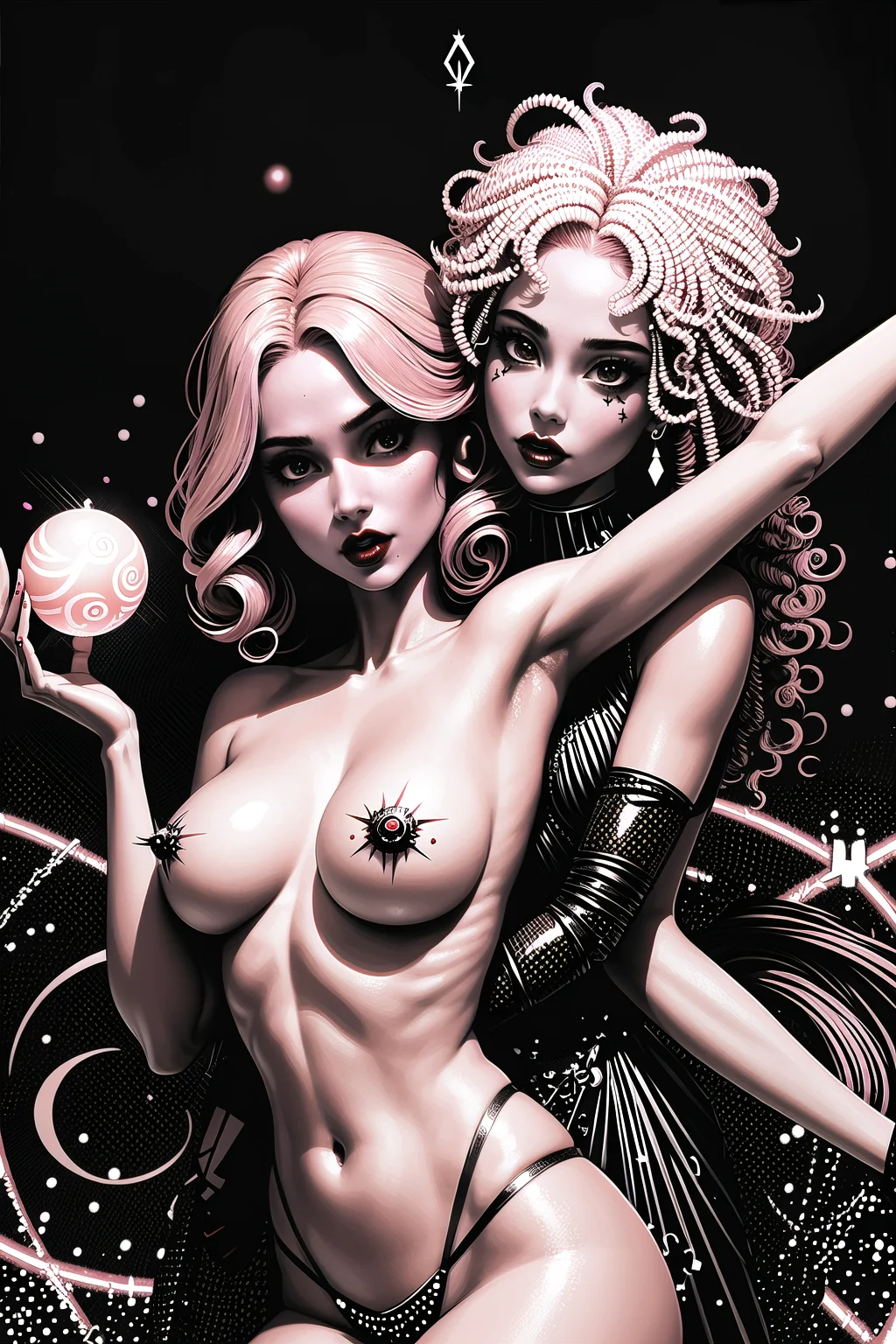 , 2girls, couple, hug from behind, (masterpiece, best_quality, ultra-detailed, immaculate:1.3), epic, illustration, 1girl, close-up portrait, evil queen, (intricate tattoos:1),(red lipstick:1), , (Divination pool,Trapped souls in glowing orbs,Dark alchemy tools:1.3),At a sacrificial altar under a blood moon, on the roof of a school, bombshell hair, light pink hair, Disco Curls, spread arms <lora:EnvyMetalMix01:1>