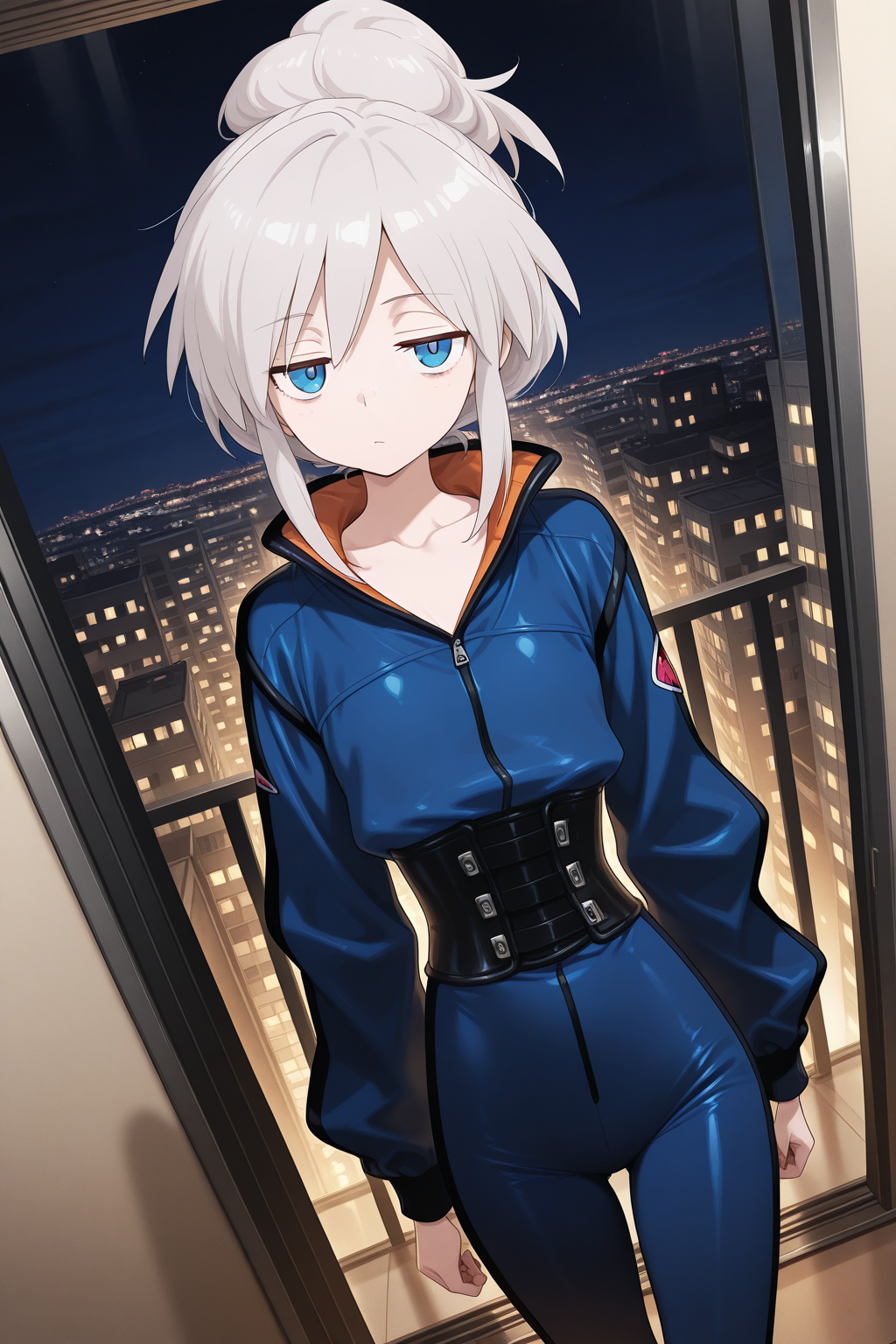 1girl,
DeuxMurasameGundamGQ, DMPilotSuit,
general, solo, perspective, dutch angle, upper body,
grey hair, blue eyes, colored eyelashes, collarbone,
jitome,
blue bodysuit, two-tone bodysuit,
looking at viewer, arms at sides,
night, apartment, glass wall, balcony, soft lighting,
depth of field,
<lora:kp_DeuxMurasameGundamGQIllustrious_v1_1:1.0>,
masterpiece, best quality, amazing quality