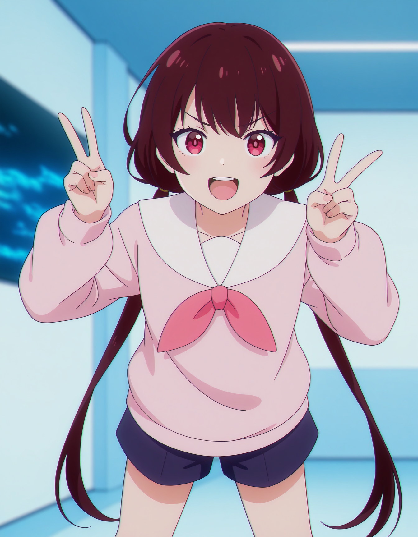 masterpiece, best quality, amazing quality, highres, absurdres, very aesthetic, high resolution, ultra detailed, perfect details,anime coloring, indoors,blurry background, chromatic aberration, 1girl,solo,depth of field,front view,
standing,looking at viewer, v-shaped eyebrows,smile,open mouth, upper_teeth, v sign,bust portrait,
<lora:ILL_oumemai_lion_e7:1> oumeavat, long hair, bangs, brown hair,long sleeves, red eyes, twintails,  very long hair, shorts, sailor collar, low twintails, neckerchief, white sailor collar, pink neckerchief, short shorts,sweater, pink sweater,
