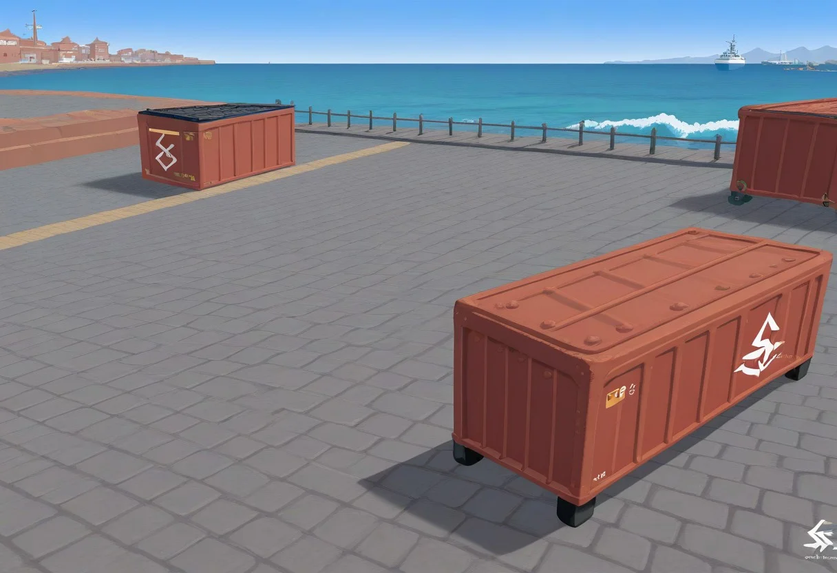 best quality, masterpiece, amazing quality, very aesthetic, absurdres,
landscape, outdoors, no humans, ocean, port, pier, brick paved road, cargo container with a stylized "S" logo
