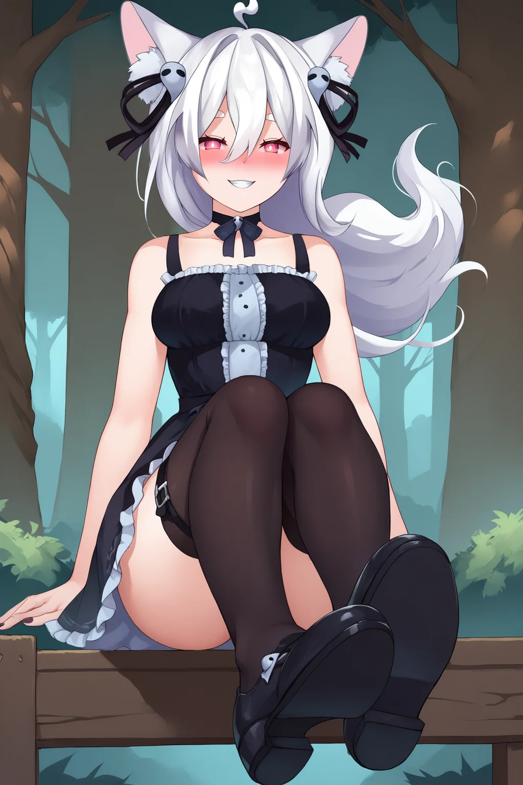 score_9, score_8_up, score_7_up, score_6_up, BREAK, PookyBooVTPXLv2, pink eyes, white hair, long hair, hair between eyes, hair ornament, ahoge, animal ears, animal ear fluff, black choker, medium breasts, bare shoulders, black ribbon, black dress, black ribbon belt, black skirt, black thighhighs, black shoes, solo, full body, sitting, foot focus, (bellow view), seductive smile, looking at viewer, naughty face, nose blush, forest <lora:PookyBooVTPXLv2:1>