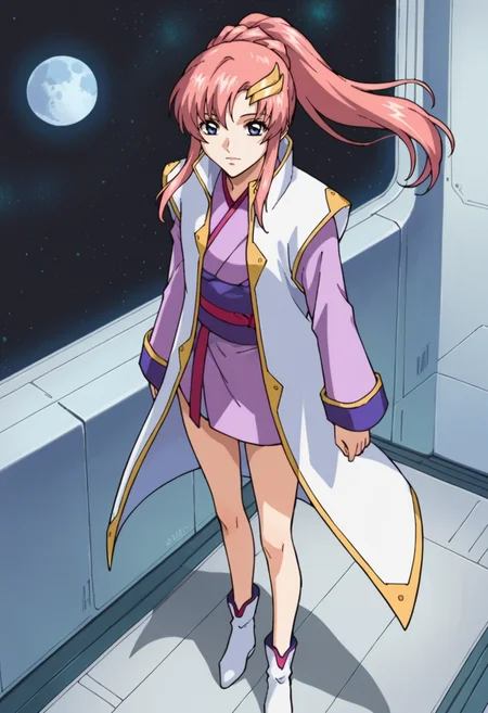 score_9,score_8_up,score_7_up,score_6_up,score_5_up,score_4_up,anime coloring,source_anime,anime,<lora:Lacus_Meer_Gundam_SEED_Pony:0.8>,lacusmeer,1girl,solo,blue eyes,pink hair,long hair,ponytail,sidelocks,moon hair ornament,s1 short kimono,s1 sleeveless coat,white shoes,standing,spacecraft,looking at viewer,