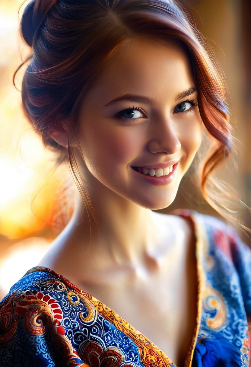 A hyper-realistic portrait of a young woman, focusing on her upper body, adorned in a vibrant batik-inspired outfit with intricate, swirling patterns of indigo, crimson, and gold, softly illuminated by warm, natural light, with a shallow depth of field, blurring the background to emphasize her gentle, enigmatic smile, in the style of digital painting with delicate, textured brushstrokes.