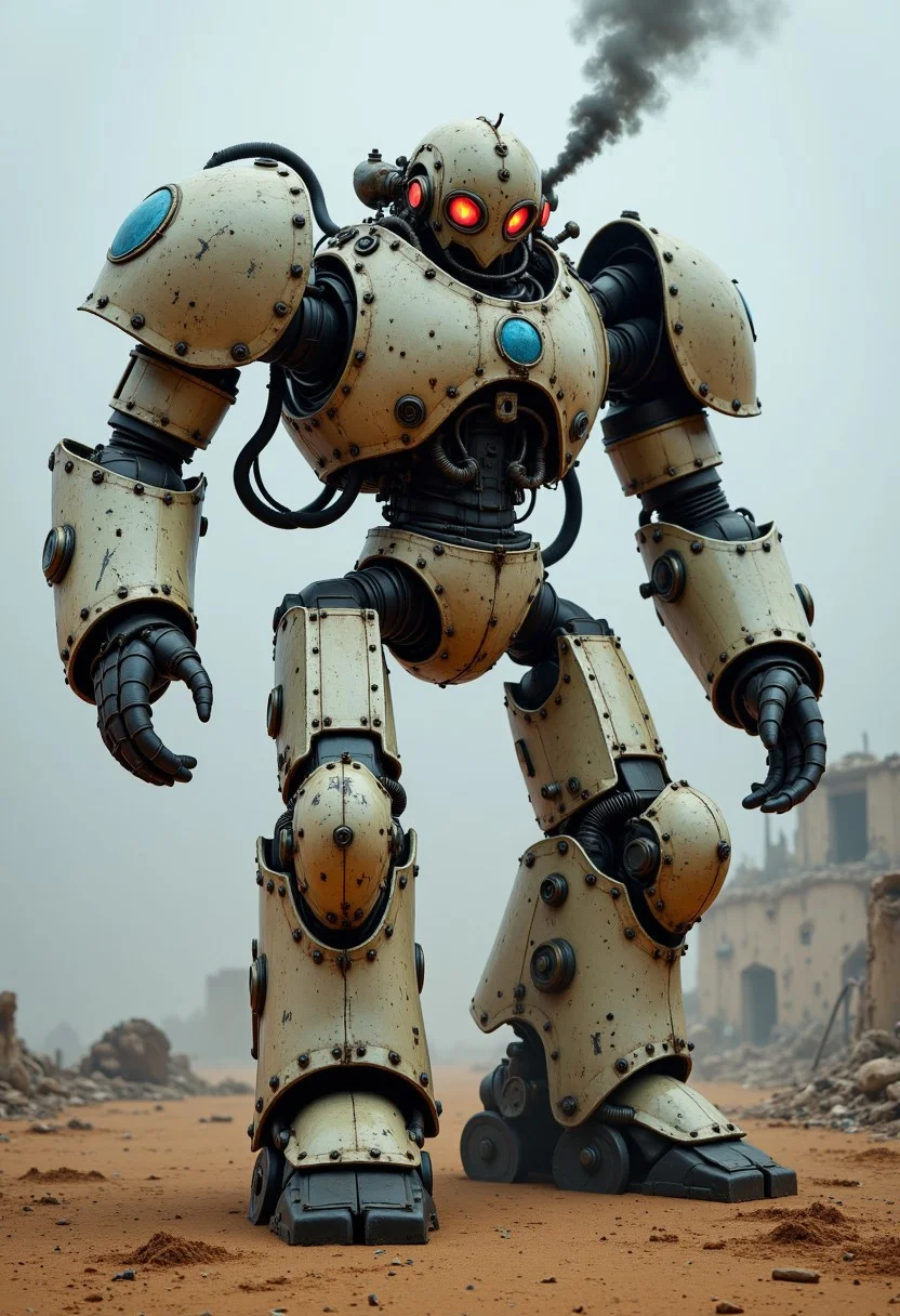 cpstyle01. The image is a highly detailed CGI rendering of a large, imposing robot walking through a desolate, post-apocalyptic wasteland. The robot, standing tall and imposing, is a fusion of industrial and mechanical designs. Its body is primarily a metallic, off-white color with visible scratches and dents, giving it a weathered, battle-hardened appearance. The robot's armor plating is thick and robust, with intricate rivets and bolts visible, suggesting a steampunk or retro-futuristic aesthetic.
The robot's head is spherical, with glowing, menacing red eyes that seem to stare directly at the viewer. Smoke billows from a pipe on its back, adding to the gritty, industrial atmosphere. Various tubes and pipes protrude from its body, connecting to its mechanical arms and legs, indicating advanced machinery and technology.
Its arms and legs are articulated, allowing for a range of movement, and it wears a heavy, reinforced chest plate with a blue insignia. The lower body features thick, sturdy legs ending in large, sturdy feet. The background shows a barren, sandy landscape with crumbling ruins of buildings in the distance, suggesting a dystopian or post-war setting.