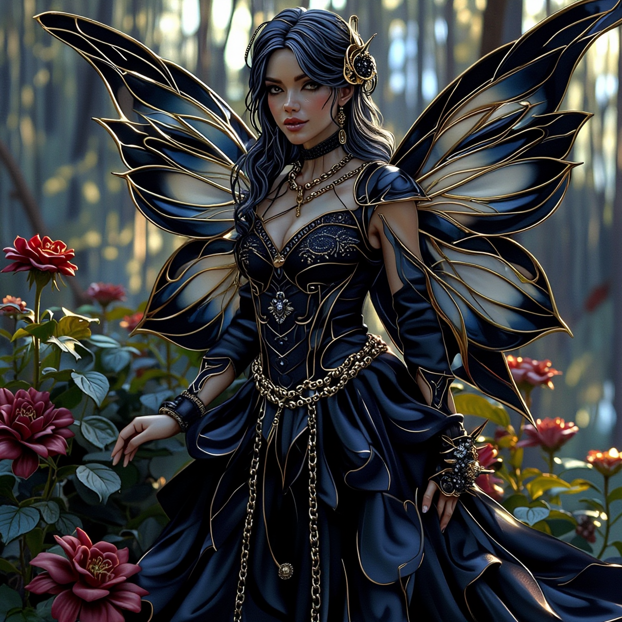 a full-body photo shot of a gothic punkrock character inspired by Tinker Bell, with black gothic feathered wings that are accurately detailed and intricate, adorned with chains. The character should be depicted in a black rose garden with a hint of red, wearing a dark rose fashion denim skirt made of black roses. The outfit should be detailed with gothic and punk elements, such as spikes, studs, and layered fabrics. The scene should have cinematic lighting, creating dramatic shadows and highlights that enhance the character's features