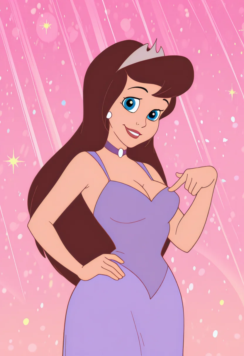 masterpiece, best quality, amazing quality, c14r4p, 1girl, brown hair, tiara, white earrings, purple choker, purple dress, pointing down, hand on hip, looking at viewer, smile, cowboy shot, pink background, (colorful sparkles background, light rays:0.9),