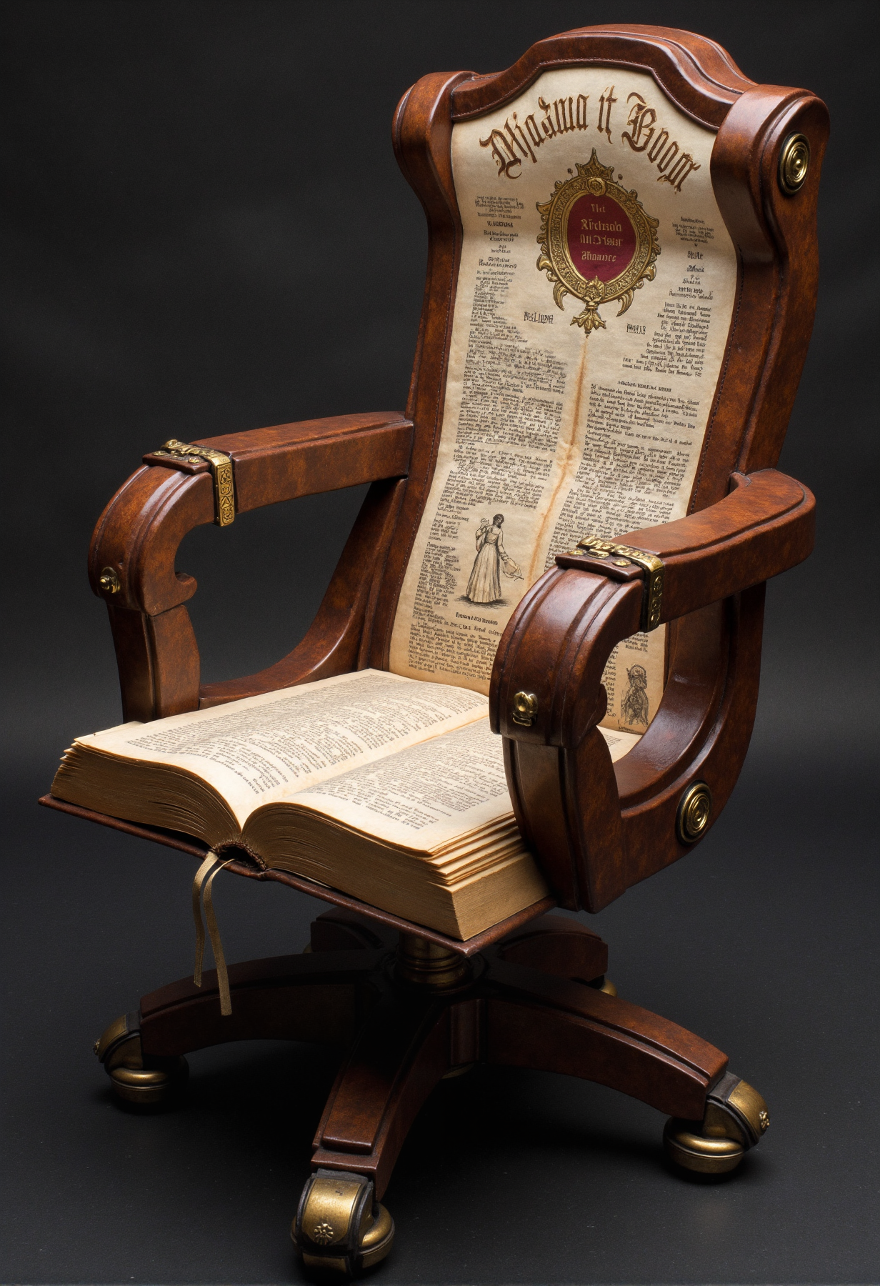 A gaming chair inspired by books, with a frame resembling the spines of stacked leather-bound volumes, embossed with intricate golden titles and decorative patterns. The armrests curve gracefully, shaped like open pages, and the backrest resembles a large open book, with detailed illustrations and text across the visible "pages." The sides of the chair are adorned with layers of overlapping pages, giving the impression of a book mid-flip. The seat cushion mimics the texture of a parchment scroll, with faint printed text visible. Subtle bookmarks and ribbons dangle from the edges, and the base has a modern structure styled to resemble an antique bookstand. Set against a dark, minimalist background for an elegant and thematic presentation.