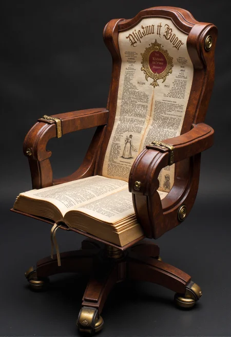 A gaming chair inspired by books, with a frame resembling the spines of stacked leather-bound volumes, embossed with intricate golden titles and decorative patterns. The armrests curve gracefully, shaped like open pages, and the backrest resembles a large open book, with detailed illustrations and text across the visible "pages." The sides of the chair are adorned with layers of overlapping pages, giving the impression of a book mid-flip. The seat cushion mimics the texture of a parchment scroll, with faint printed text visible. Subtle bookmarks and ribbons dangle from the edges, and the base has a modern structure styled to resemble an antique bookstand. Set against a dark, minimalist background for an elegant and thematic presentation.