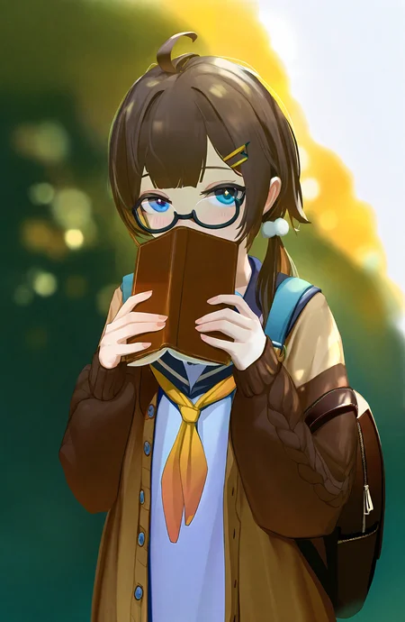 1girl, solo, long_hair, looking_at_viewer, blue_eyes, brown_hair, long_sleeves, hair_ornament, holding, upper_body, ahoge, open_clothes, glasses, virtual_youtuber, hairclip, sailor_collar, bag, neckerchief, book, cardigan, backpack, semi-rimless_eyewear, holding_book, black-framed_eyewear, under-rim_eyewear, covering_own_mouth