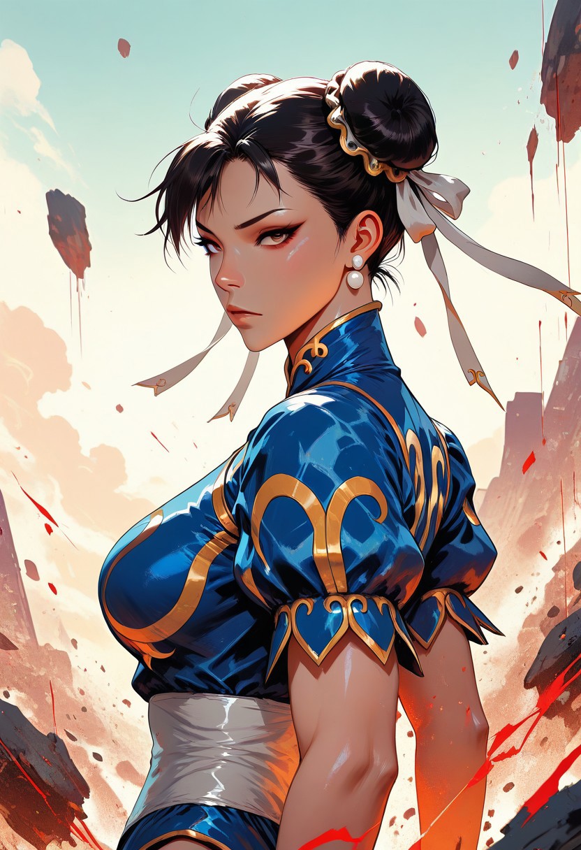 highres, very detailed, amazing quality, masterpiece, (createconcept), very aesthetic,
digital painting \(artwork\), glitch art, artwork,
chun-li, attack trails, from ahead, looking at viewer,
day, sky, debris, dusk cloud, battle, attack, solo, upper body,