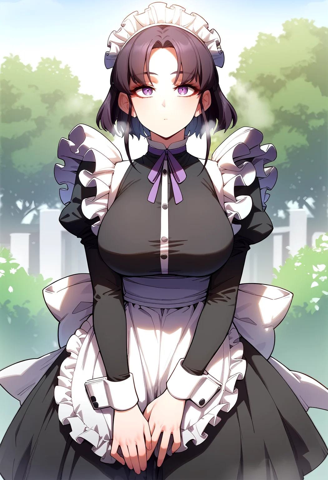score_9, score_8_up, score_7_up, score_6_up, source_anime, rating_explicit, <lora:neg4all_bdsqlsz_V3.5:2.0>1girl, (solo:1.2), huge breasts, <lora:Ninaponyxl:1> maid headdress, short hair, purple eyes, black hair, bangs, maid, black dress, long sleeves, neck ribbon, puffy sleeves, frills, purple ribbon, juliet sleeves, maid apron, white pantyhose, expressionless, Narrow shoulders, heavy breathing, steaming body, garden, outdoor, looking at viewer