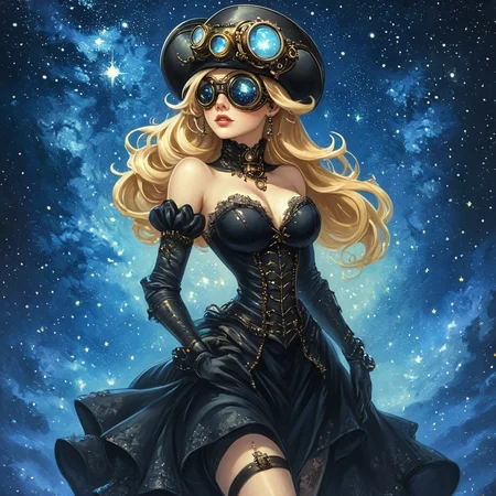<lora:Rococo_Steampunk_SDXL:1> ArsMJStyle, Rococo Steampunk, The image shows a woman wearing a black dress and a hat with goggles on her head standing in front of a starry night sky., 1girl, solo, blonde hair, breasts, hat, long hair, cleavage, jewelry, earrings, medium breasts, upper body, parted lips, cleavage cutout, clothing cutout, detached sleeves