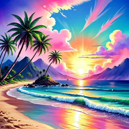 Watercolor painting style with translucent layers, blending colors, and a fluid, organic feel, Vaporwave style with pastel colors, nostalgic imagery, and glitchy, surreal elements, MHXL-Pos, Vibrant tropical beach at sunset, with dramatic sky colors reflecting on the calm sea, palm trees swaying gently in the breeze, vivid colors and soft shadows, focusing on the serene beauty of the beach and the tranquil mood of the sunset, hyper-maximalist, extremely intricate, abstract, surreal, vibrant colours, vaporwave, pastel colors, nostalgic imagery, glitchy, surreal, retro-futuristic, dreamy, aesthetic, translucent layers, blending colors, fluid, organic, artistic, delicate, ethereal, painterly,MHXL-Pos
