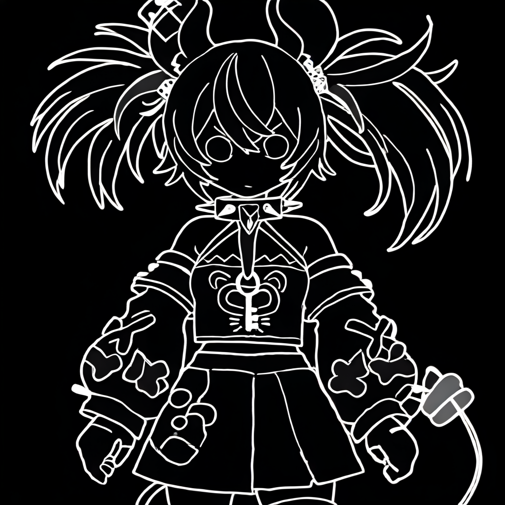 blwlinart, 1girl, monochrome, greyscale, black background, outline, blank eyes, <lora:black_white_potrait_lineart:1.4> <lora:ChamHakosBaelzNoob:1> B4elzDef, uneven twintails, dice hair ornament, animal ears, tail, tail ornament, spiked collar, key necklace, strapless shirt, detached sleeves, single glove, skirt, thigh strap