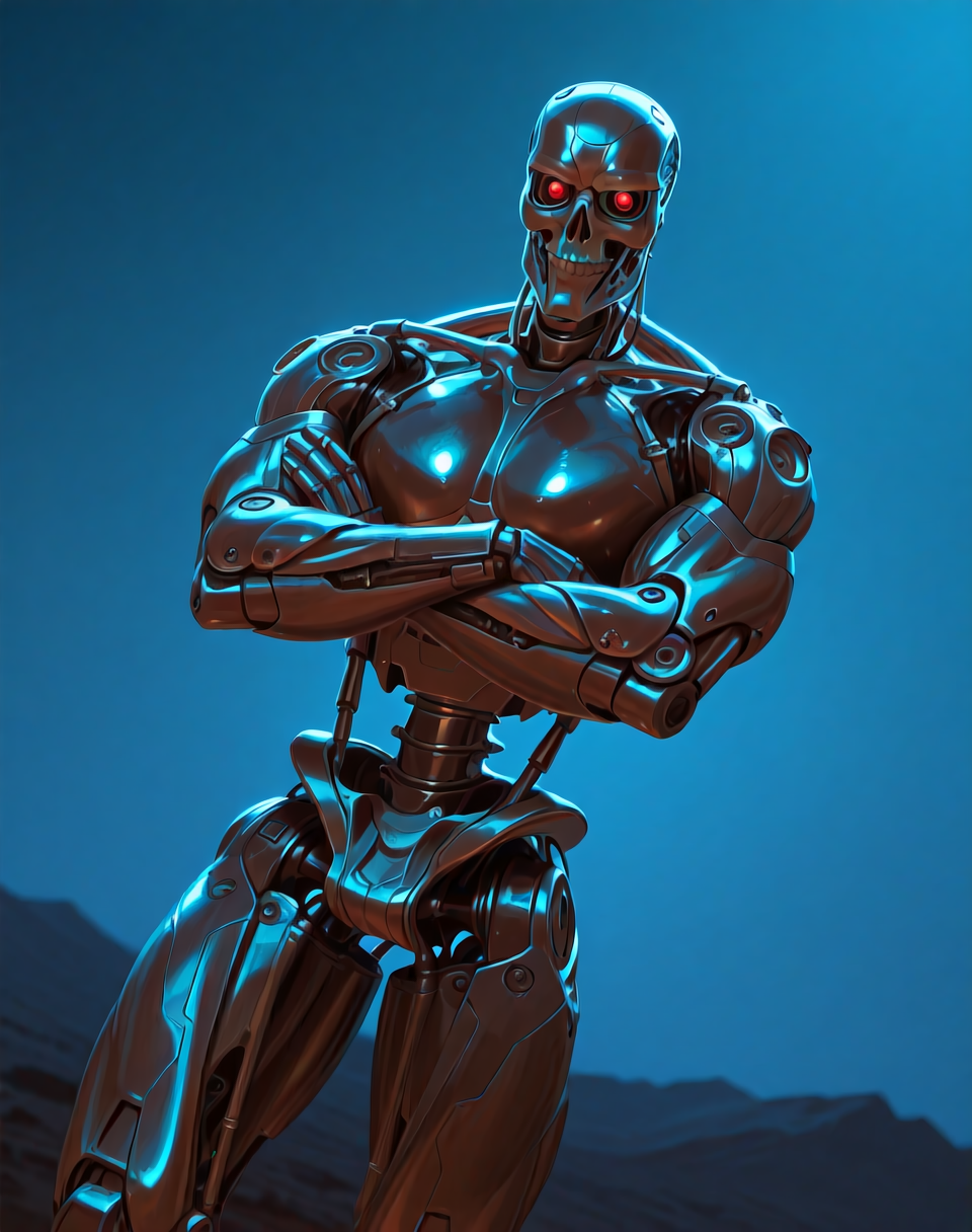 <lora:Terminator_(Terminator)_(Illustrious)_(AD):1> Terminator, robot, endoskeleton, 
((
exterior, science fiction, night, night time, post apocalyptic landscape, 
dutch angle, dynamic action, male focus, solo, villain, solo, powerful, superiority, brushed titanium, large shoulders, thick arms, thick legs, wide chest, arms crossed, 
)),
BREAK: very awe, aesthetically pleasing, masterpiece, best quality, amazing quality, very aesthetic, depth of field, absurd details, depth of field, atmospheric rendering, natural shading, soft shading, 
BREAK: lazympos, lazypos (3),